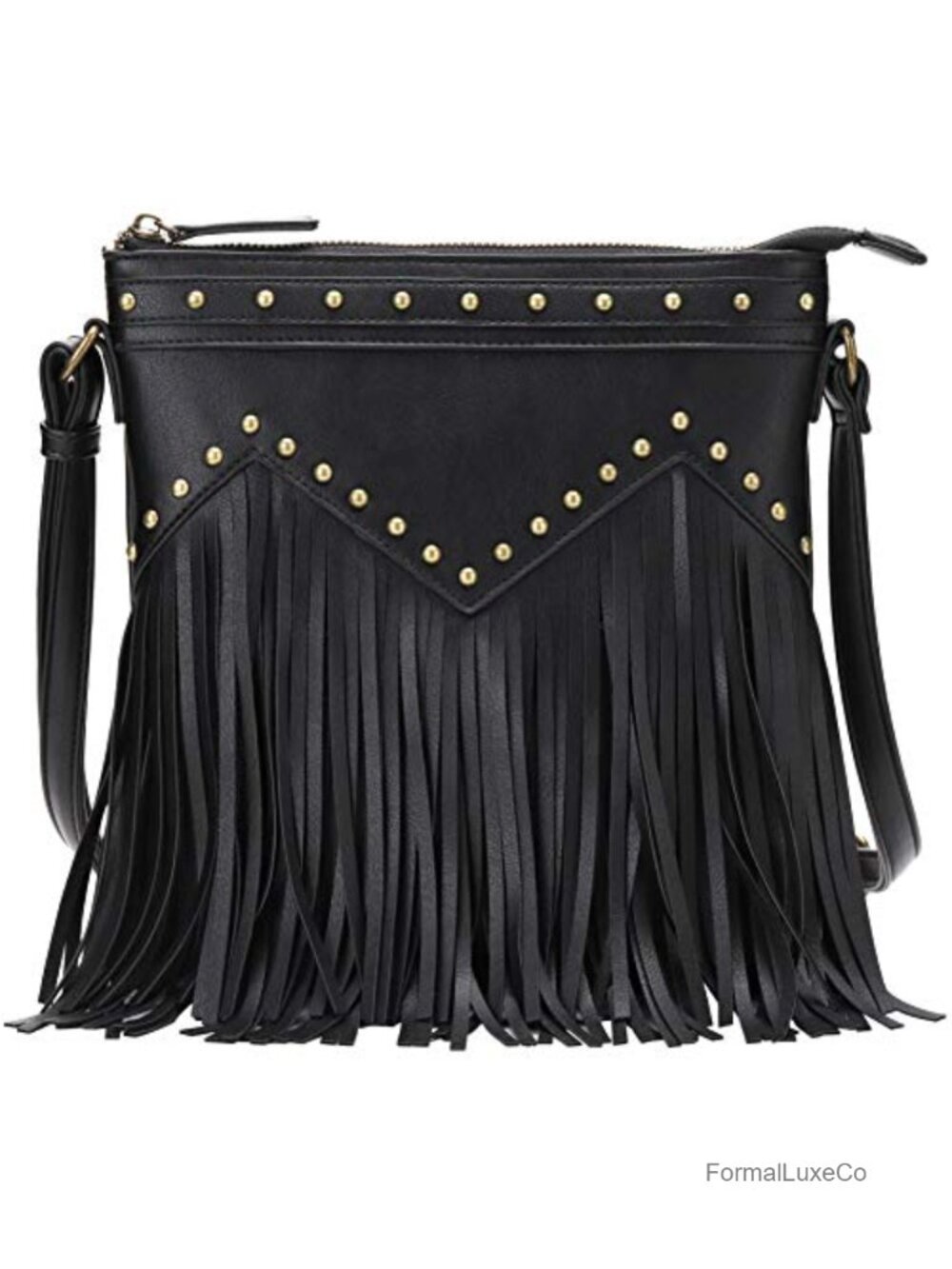 Vegan Faux Leather Fringed Crossbody Bag with Studs Adjustable Strap